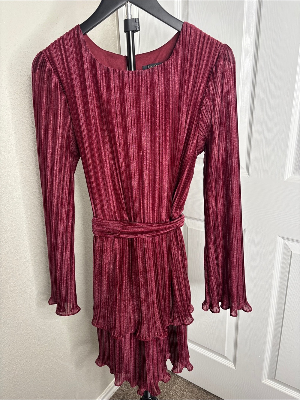 City Studio Shimmering Wine Pleated V-Neck Dress